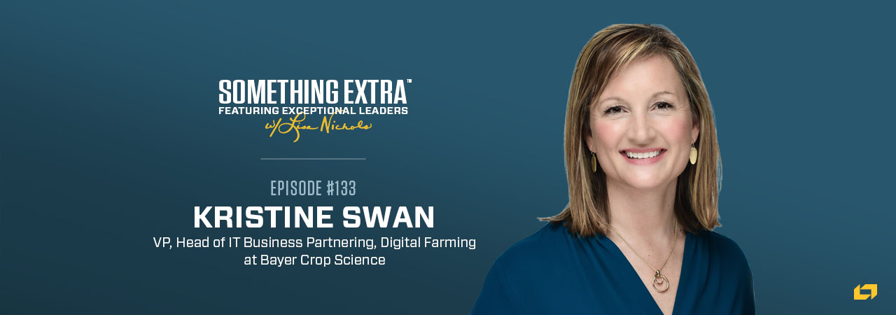 "Something Extra episode 133" blue podcast banner with an image of a woman, Kristine Swan