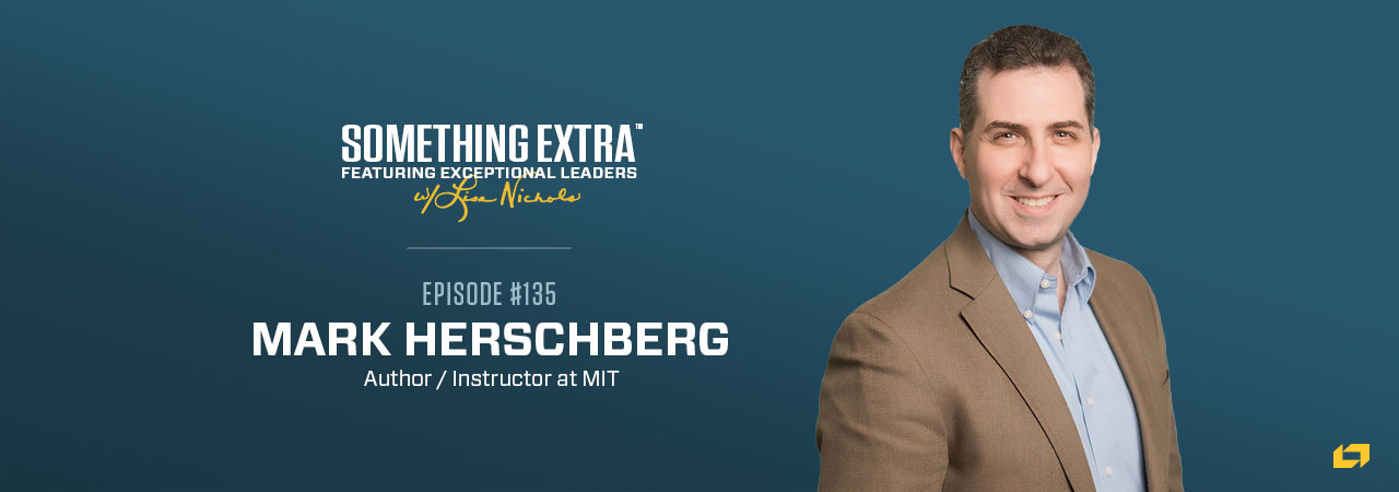 "Something Extra episode 135" blue podcast banner with an image of a man, Mark Herschberg