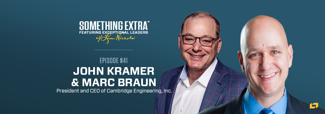 "Something Extra episode 41" blue podcast banner with an image of two men, John Kramer and Marc Braun