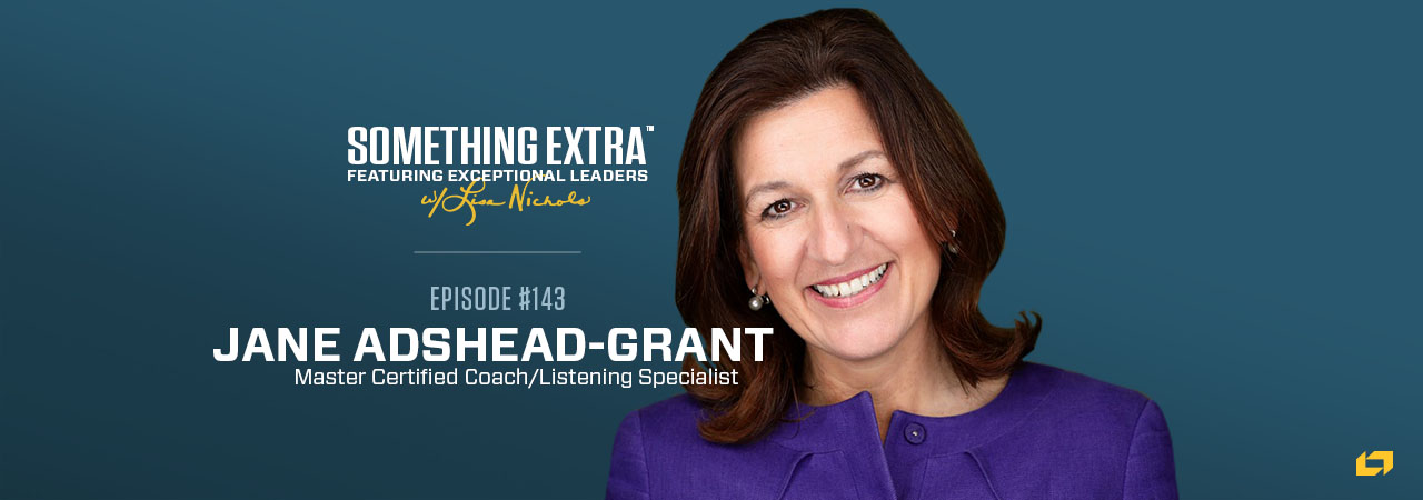 "Something Extra episode 143" blue podcast banner with an image of a woman, Jane Adshead-Grant