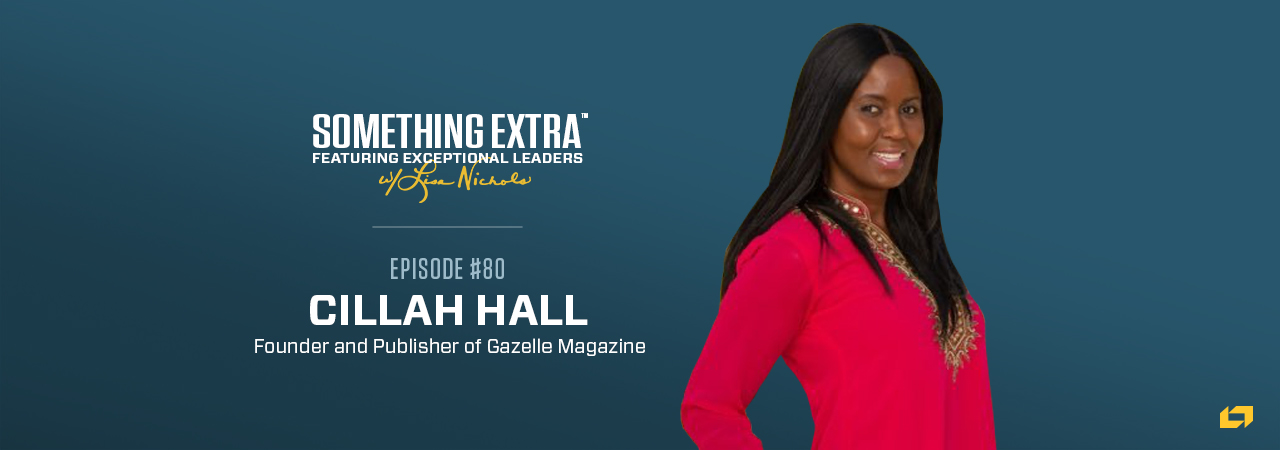 "Something Extra episode 80" blue podcast banner with an image of a woman, Cillah Hall