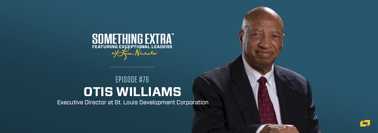 "Something Extra episode 76" blue podcast banner with an image of a man, Otis Williams