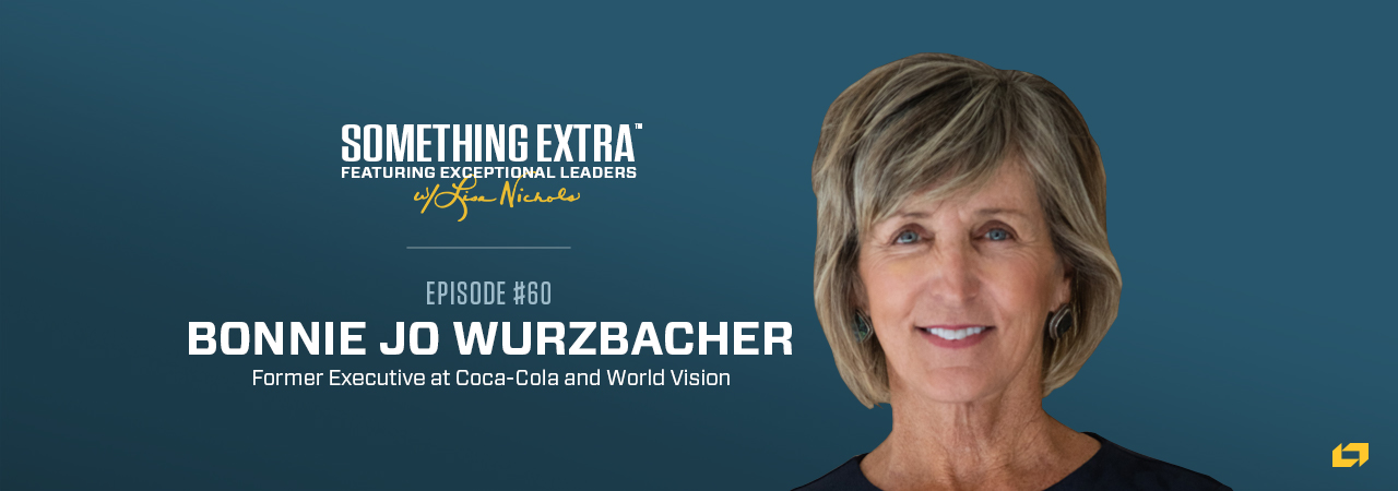 "Something Extra episode 60" blue podcast banner with an image of a woman, Bonnie Jo Wurzbacher