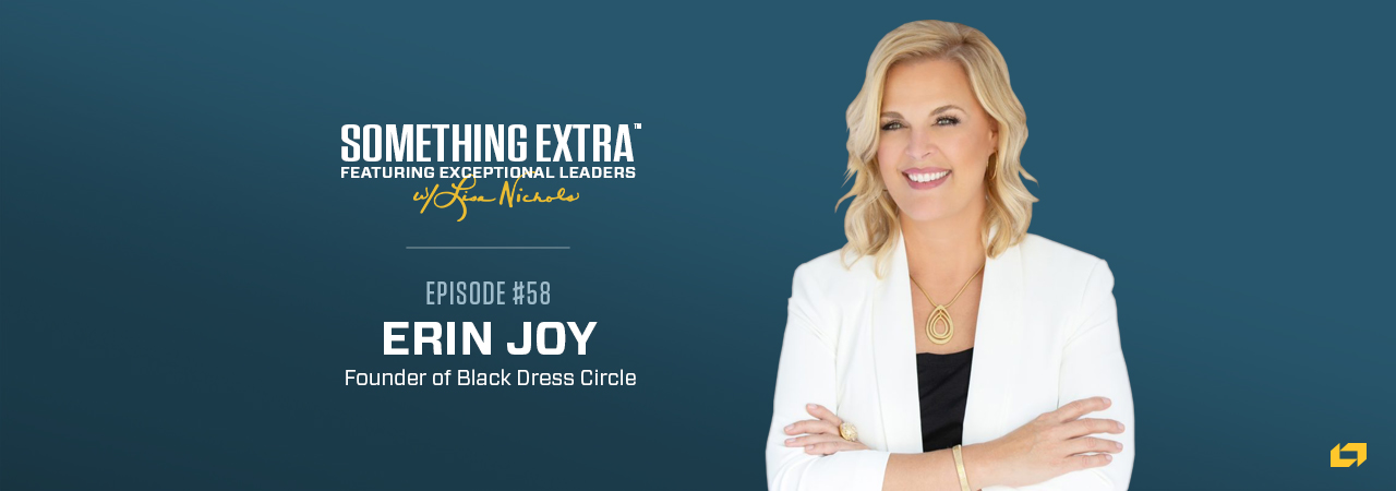 "Something Extra episode 58" blue podcast banner with an image of a woman, Erin Joy