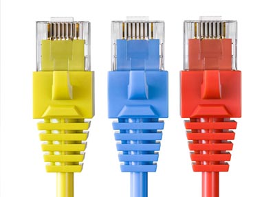 three colored computer cords